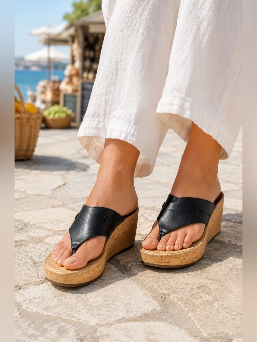 Vionic Anita Black Leather Orthotic Cork Wedge Sandals Comfort Women’s‎